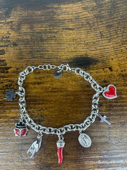 Bracciale cuore e corno portafortuna cromato